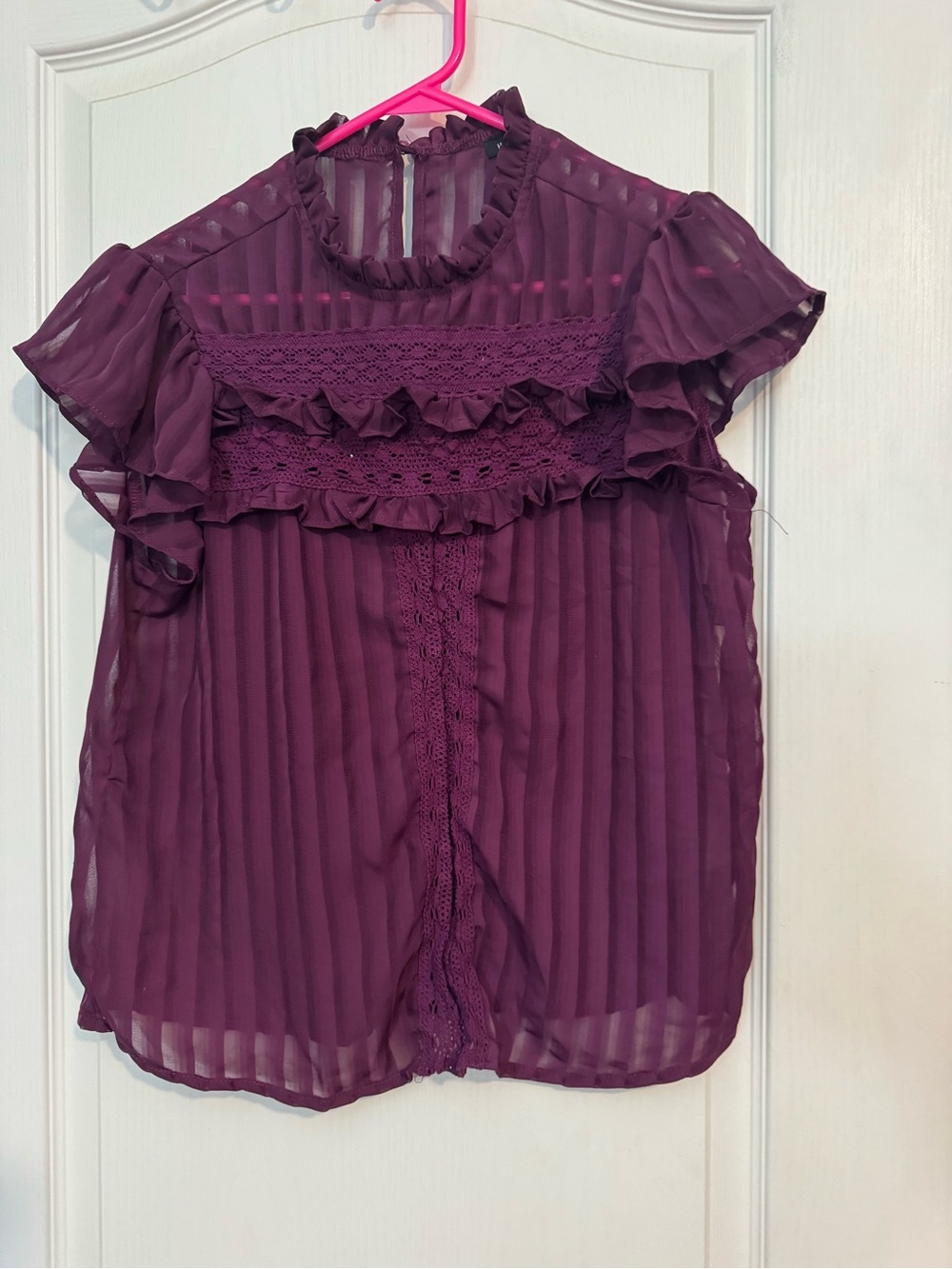Plum Pleated Ruffle Blouse Sheer Lace Overlay Top